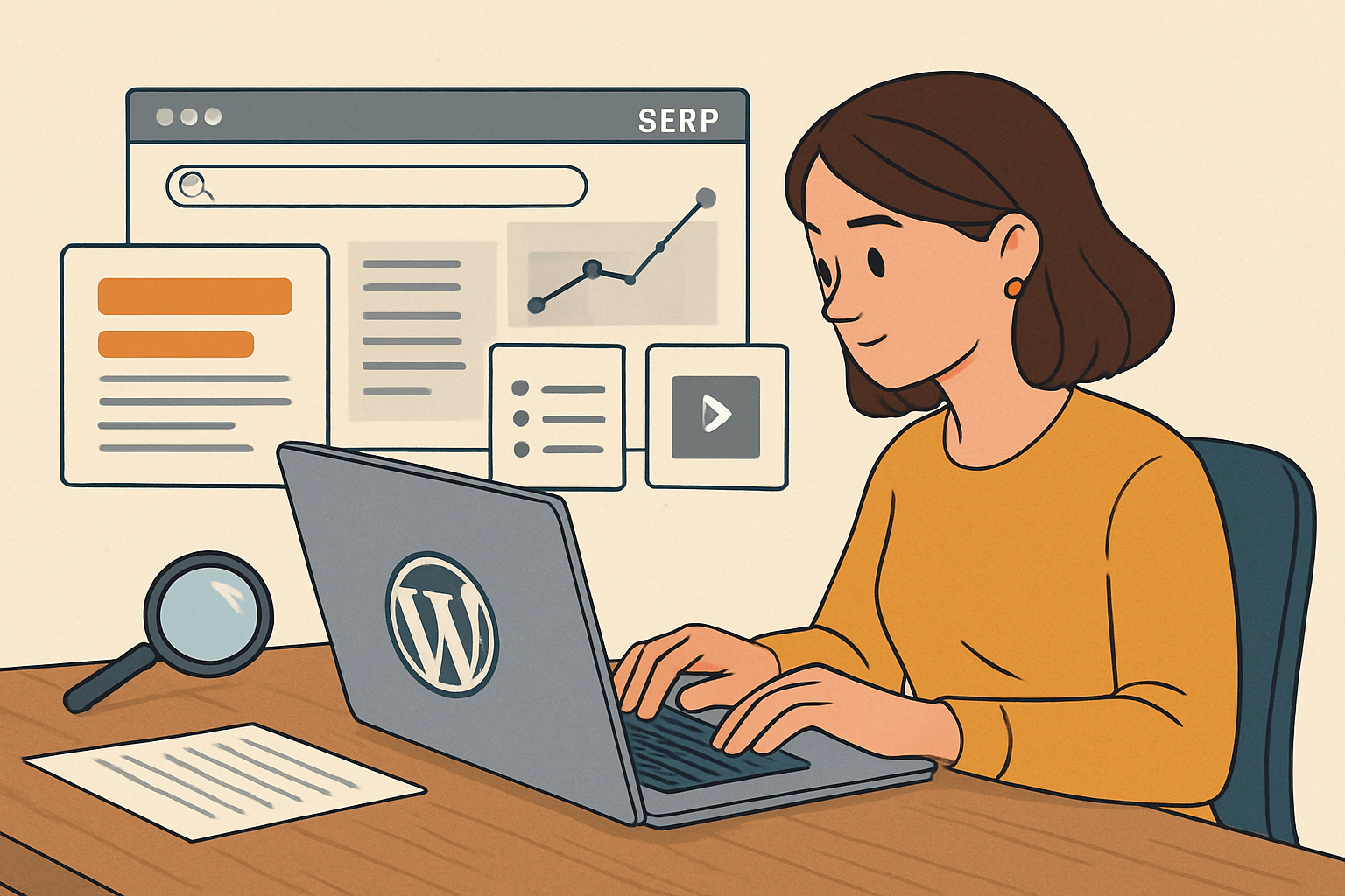 Kobieta pracuje na laptopie z WordPress i SERP