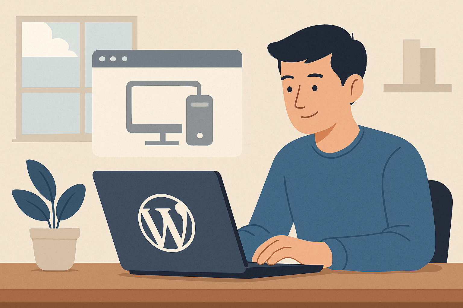 Mężczyzna pracujący na laptopie z logo WordPress
