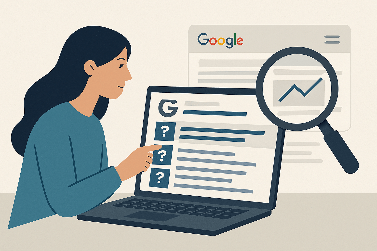 Kobieta analizująca wyniki wyszukiwania Google na laptopie