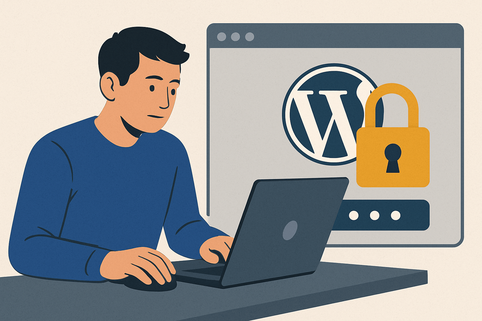 jak zabezpieczyć panel administratora wordpress przed przejęciem konta image Mężczyzna przy laptopie z logo WordPress i kłódką