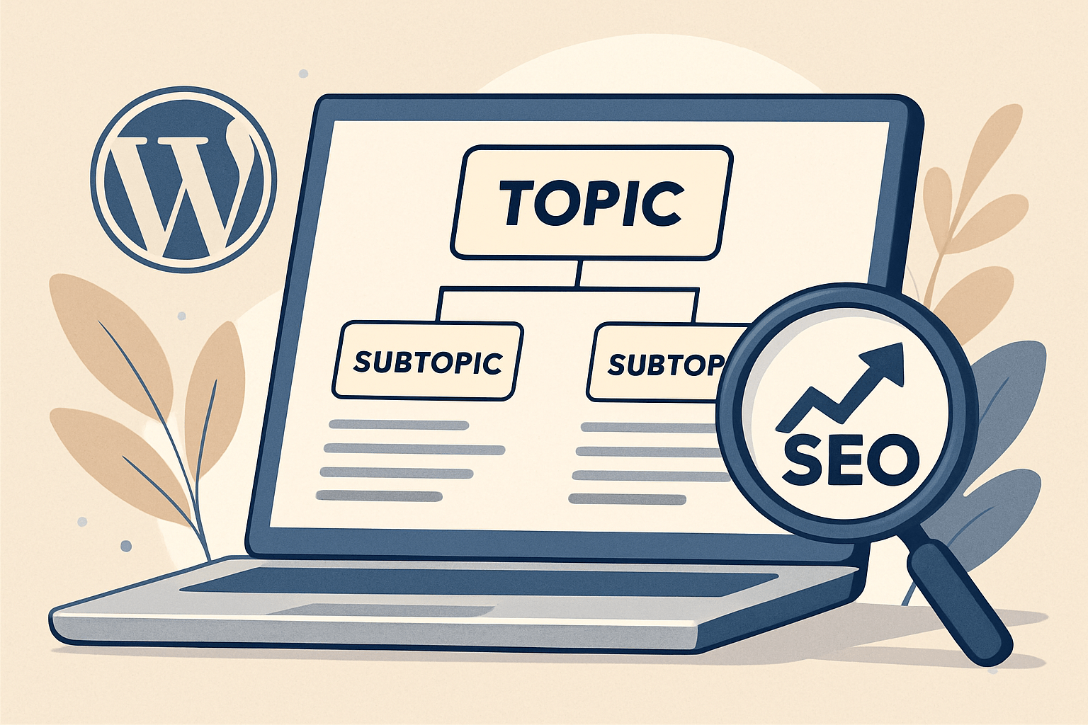Struktura tematyczna SEO na laptopie z WordPress