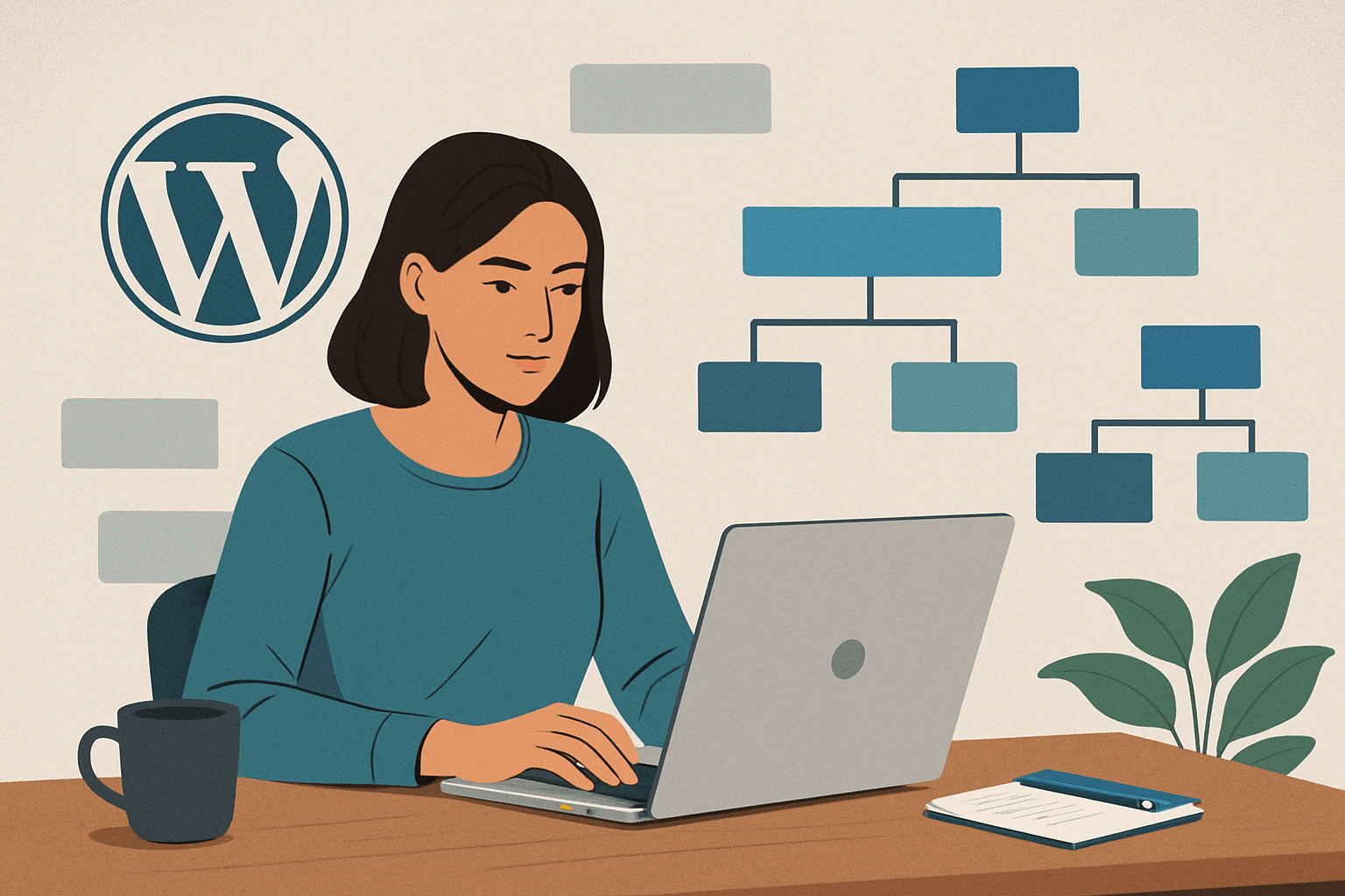 jak zaplanować strukturę kategorii na blogu, żeby nie rozmywać tematyki seo image Kobieta pracuje przy laptopie z WordPress