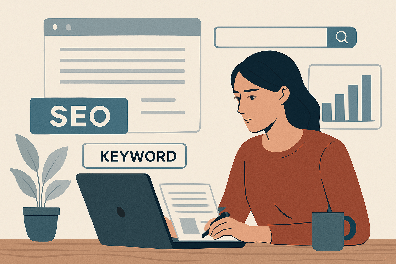 Specjalistka SEO pracująca przy laptopie z analizą słów kluczowych