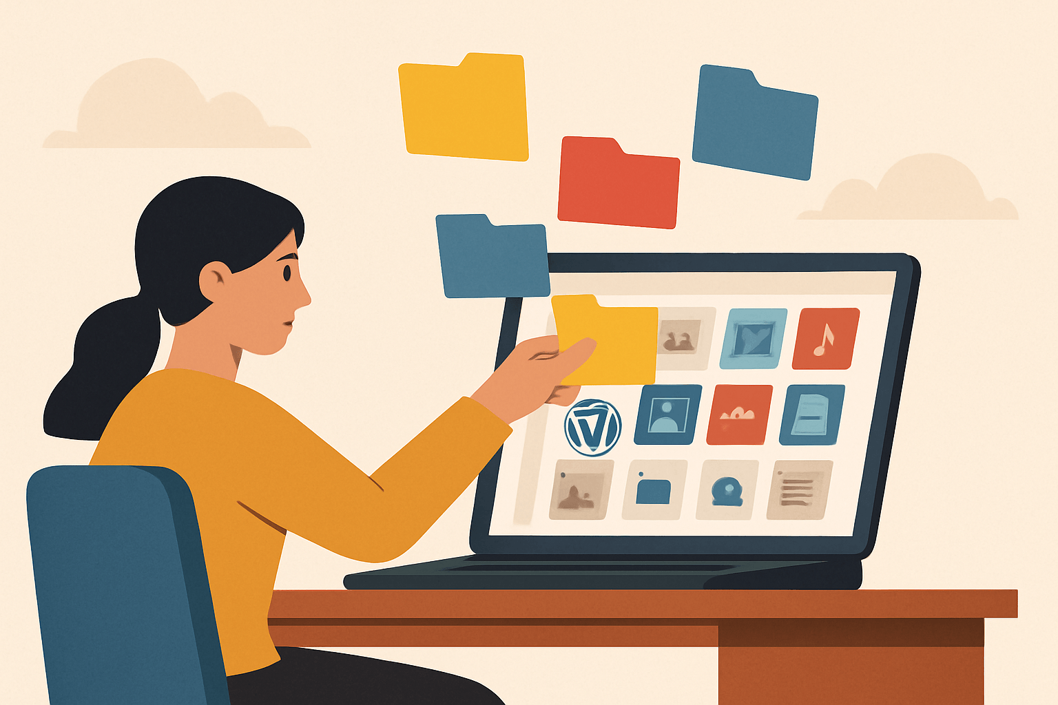 Kobieta organizująca pliki w WordPress na laptopie
